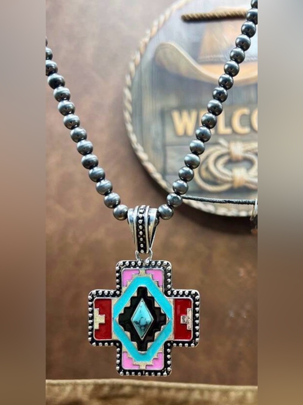 Turquoise & Red Southwestern Cross Pendant Necklace Western Necklace - Picture 4 of 5